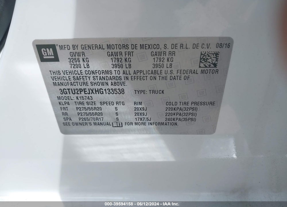 2017 GMC SIERRA 1500 DENALI VIN: 3GTU2PEJXHG133538