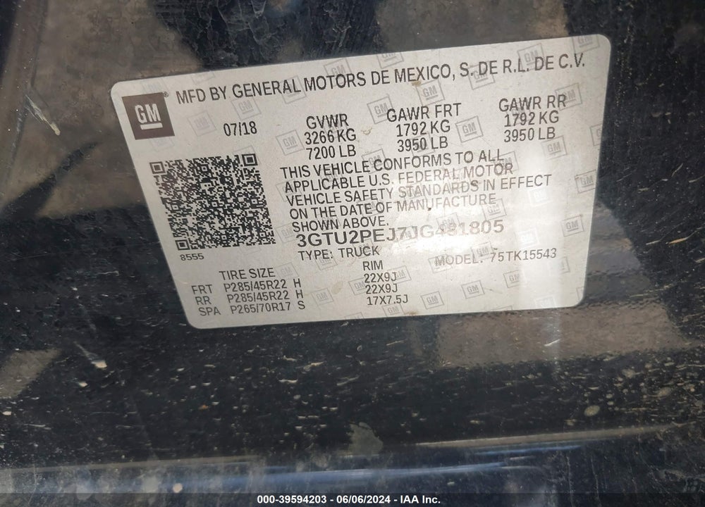 2018 GMC SIERRA 1500 DENALI VIN: 3GTU2PEJ7JG481805