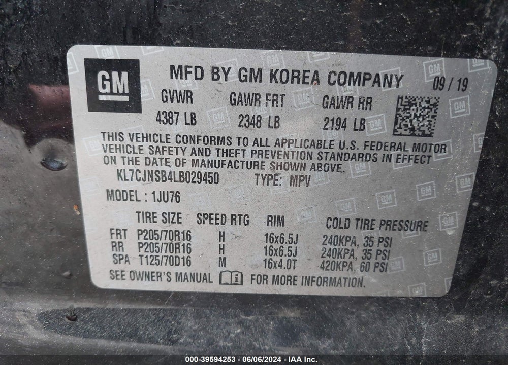 2020 CHEVROLET TRAX AWD LS VIN: KL7CJNSB4LB029450