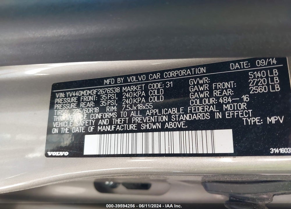 2015 VOLVO XC60 T5 PLATINUM VIN: YV440MDM3F2676538