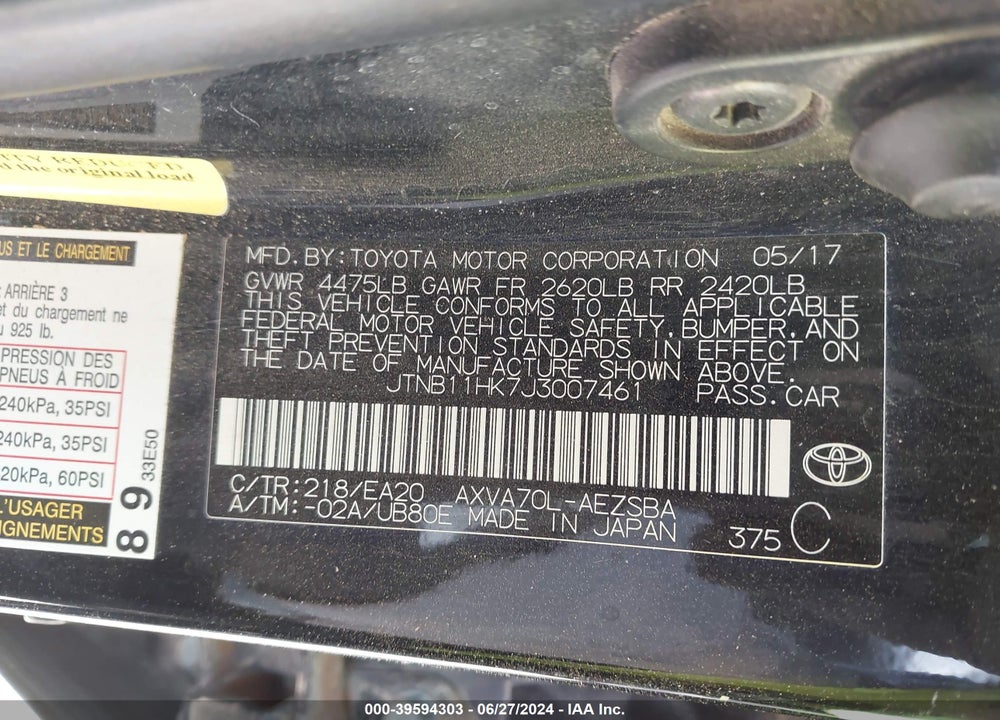 2018 TOYOTA CAMRY VIN: JTNB11HK7J3007461