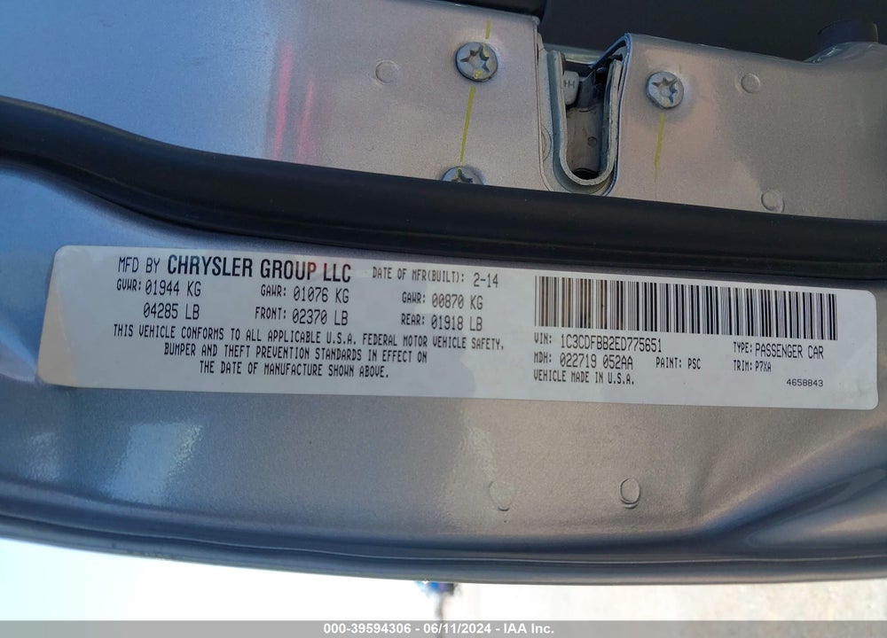 2014 DODGE DART SXT VIN: 1C3CDFBB2ED775651