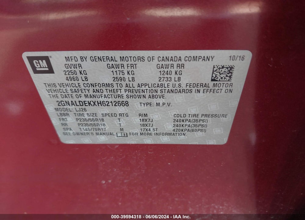 2017 CHEVROLET EQUINOX PREMIER VIN: 2GNALDEKXH6212668