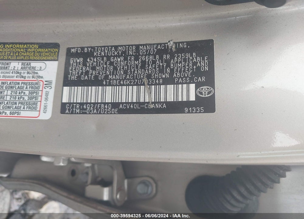 2007 TOYOTA CAMRY LE VIN: 4T1BE46K27U703348