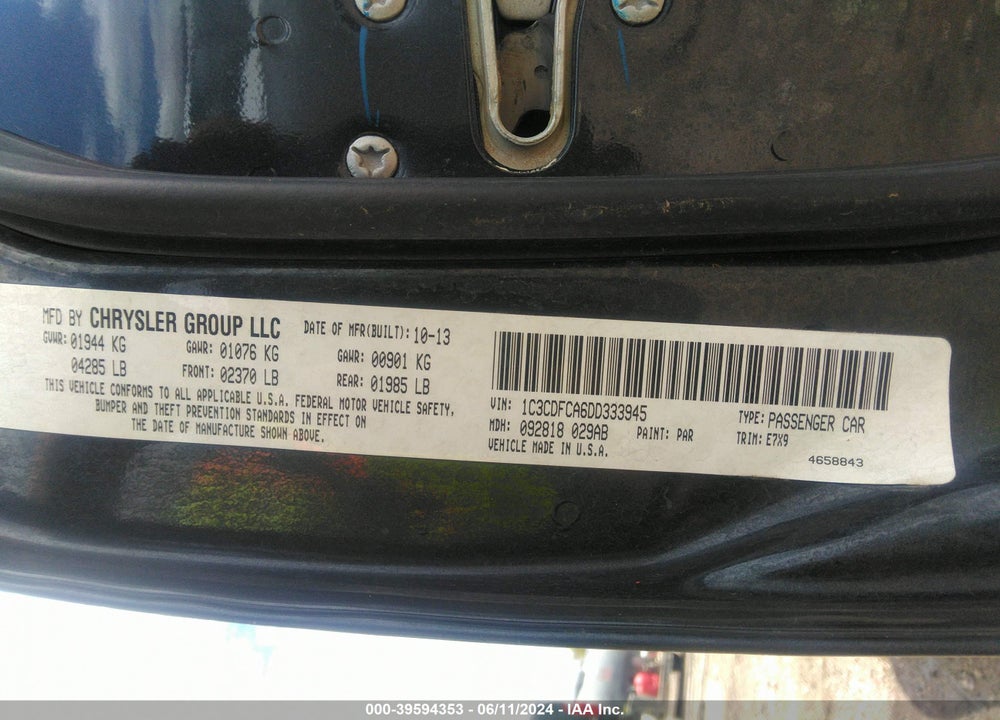 2013 DODGE DART LIMITED VIN: 1C3CDFCA6DD333945