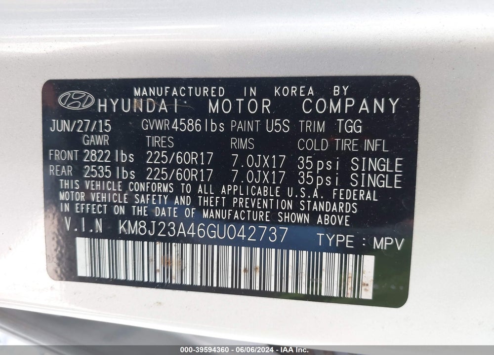 2016 HYUNDAI TUCSON SE VIN: KM8J23A46GU042737