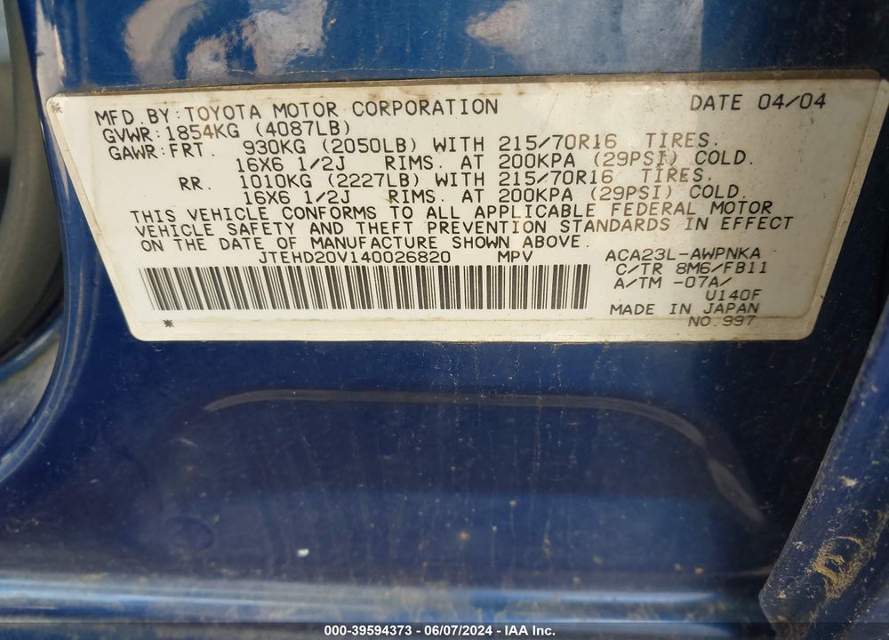 2004 TOYOTA RAV4 VIN: JTEHD20V140026820