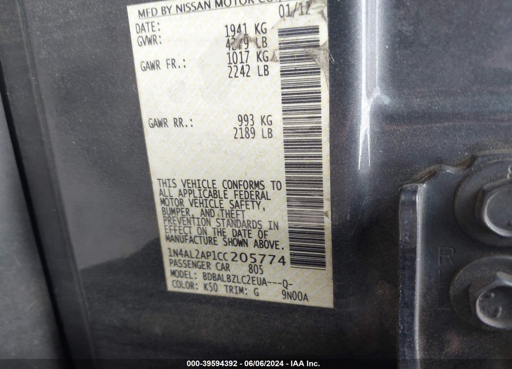 2012 NISSAN ALTIMA VIN: 1N4AL2AP1CC205774
