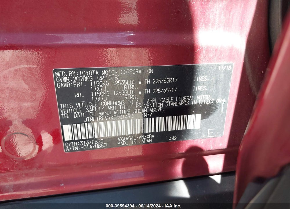 2019 TOYOTA RAV4 LE VIN: JTMF1RFV7KD501493