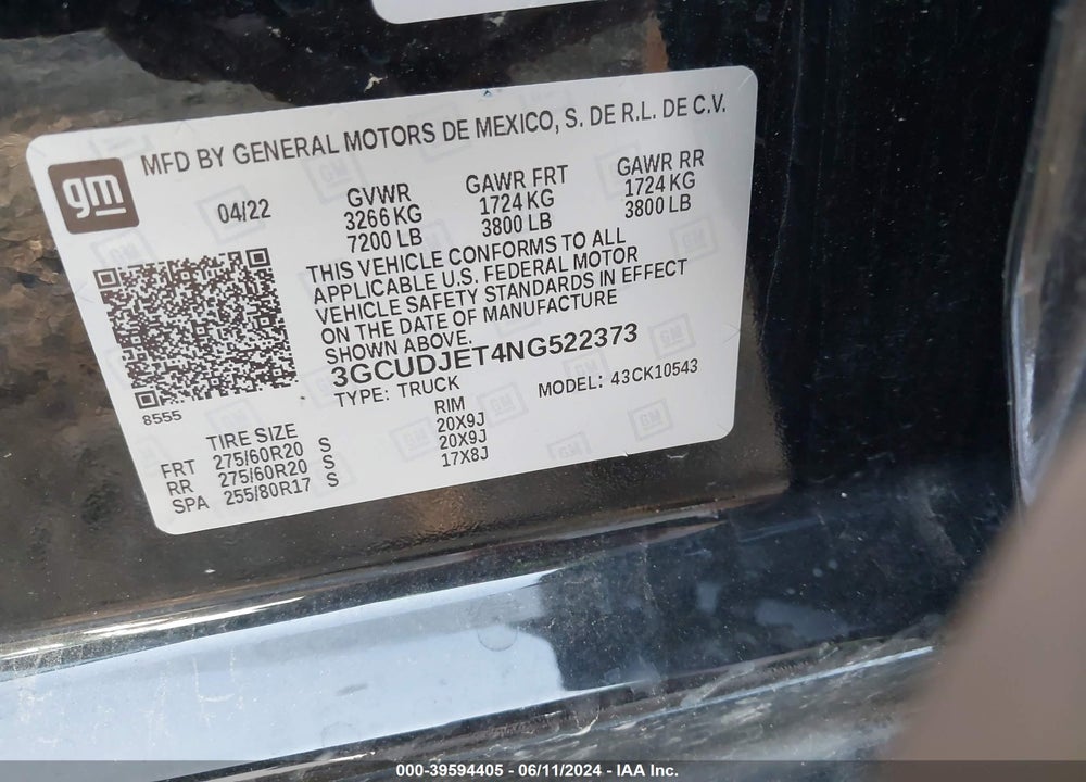 2022 CHEVROLET SILVERADO 1500 4WD SHORT BED HIGH COUNTRY VIN: 3GCUDJET4NG522373