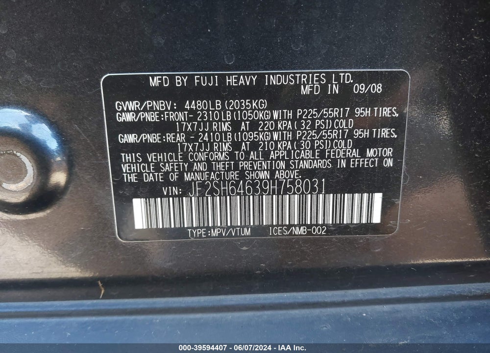 2009 SUBARU FORESTER 2.5X LIMITED VIN: JF2SH64639H758031
