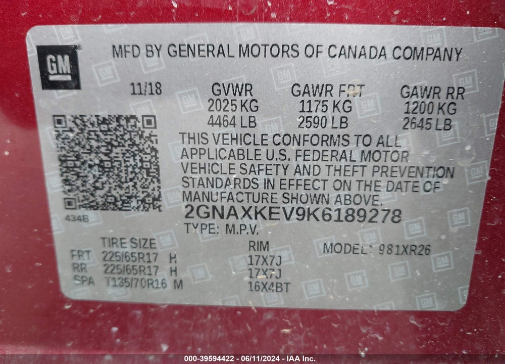 2019 CHEVROLET EQUINOX LT VIN: 2GNAXKEV9K6189278