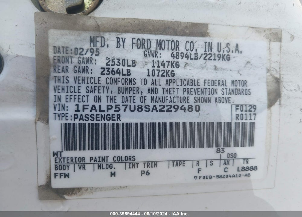 1995 FORD TAURUS GL VIN: 1FALP57U8SA229480