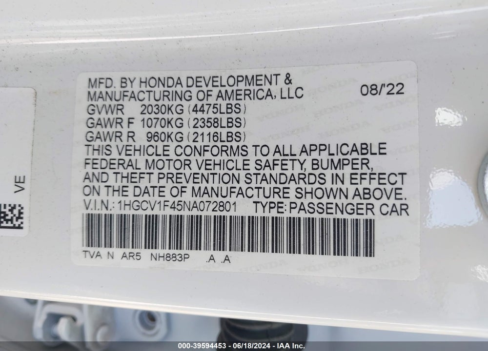 2022 HONDA ACCORD SPORT SPECIAL EDITION VIN: 1HGCV1F45NA072801