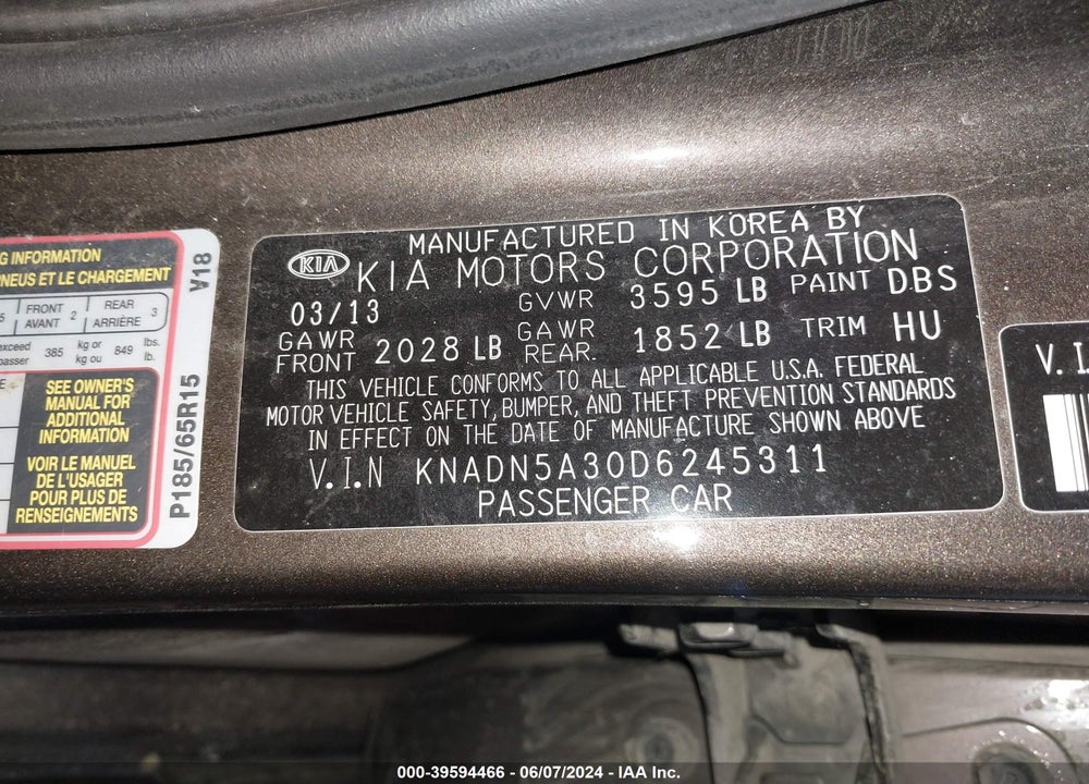 2013 KIA RIO VIN: KNADN5A30D6245311