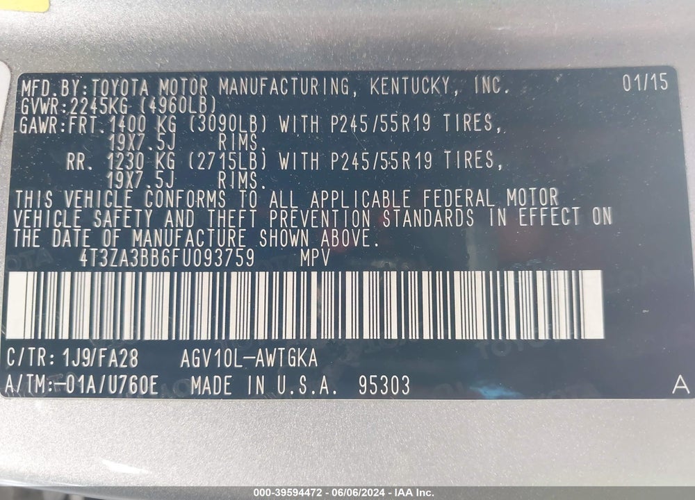 2015 TOYOTA VENZA LE VIN: 4T3ZA3BB6FU093759