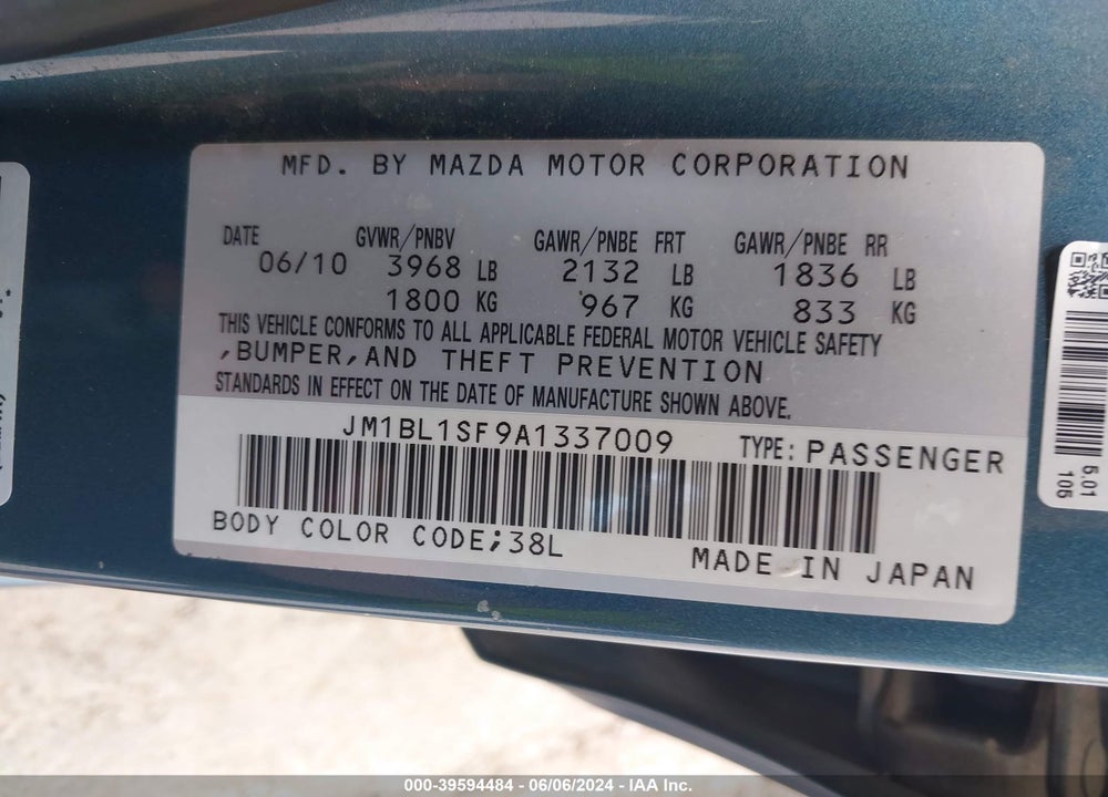 2010 MAZDA 3 I TOURING VIN: JM1BL1SF9A1337009