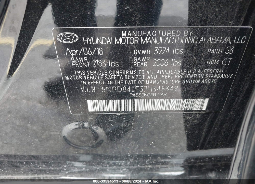 2018 HYUNDAI ELANTRA SEL VIN: 5NPD84LF3JH345349