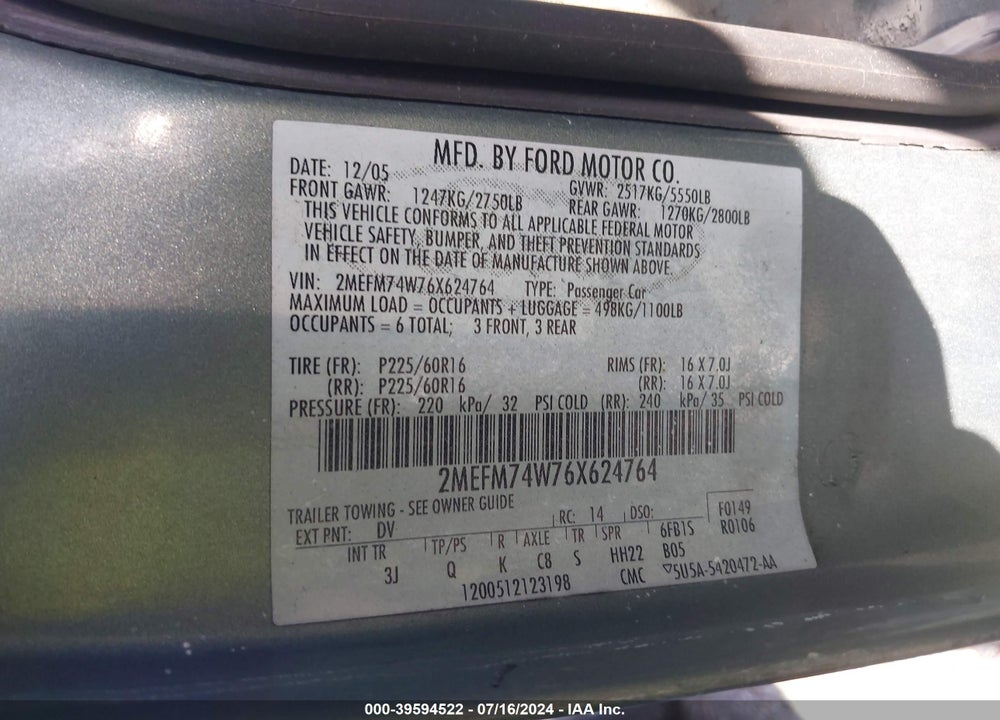 2006 MERCURY GRAND MARQUIS VIN: 2MEFM74W76X624764