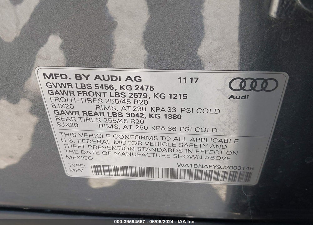 2018 AUDI Q5 2.0T PREMIUM/2.0T TECH PREMIUM VIN: WA1BNAFY9J2093145