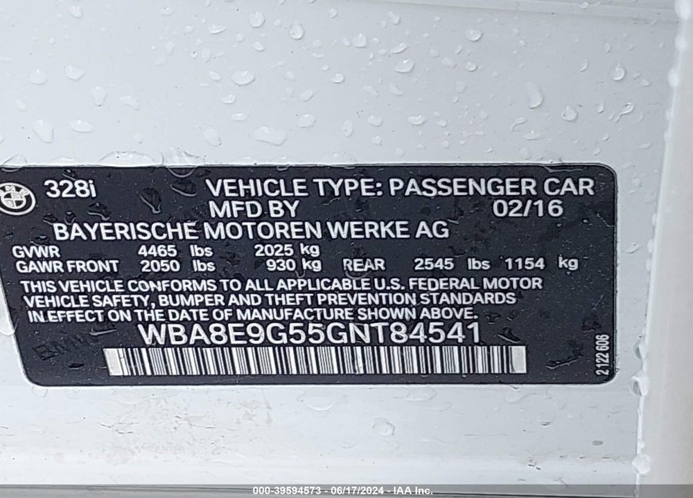 2016 BMW 328I VIN: WBA8E9G55GNT84541