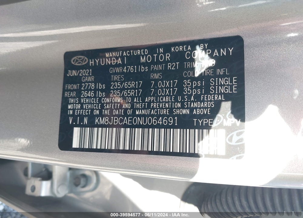2022 HYUNDAI TUCSON SEL VIN: KM8JBCAE0NU064691