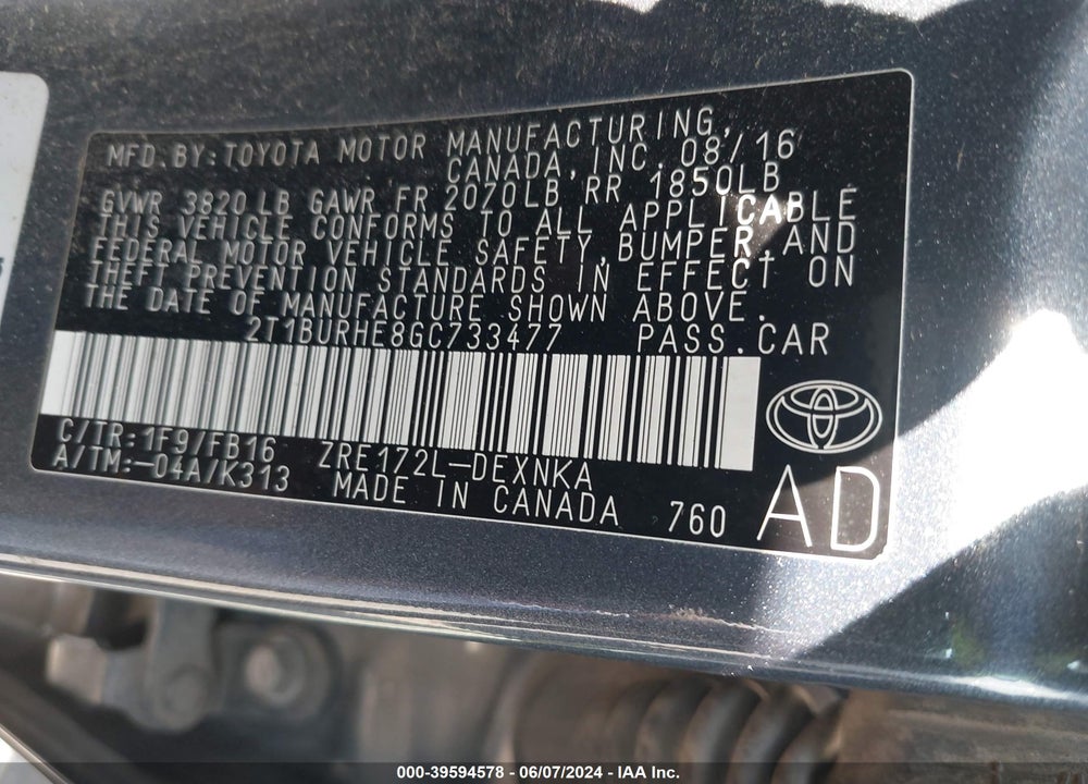 2016 TOYOTA COROLLA LE VIN: 2T1BURHE8GC733477