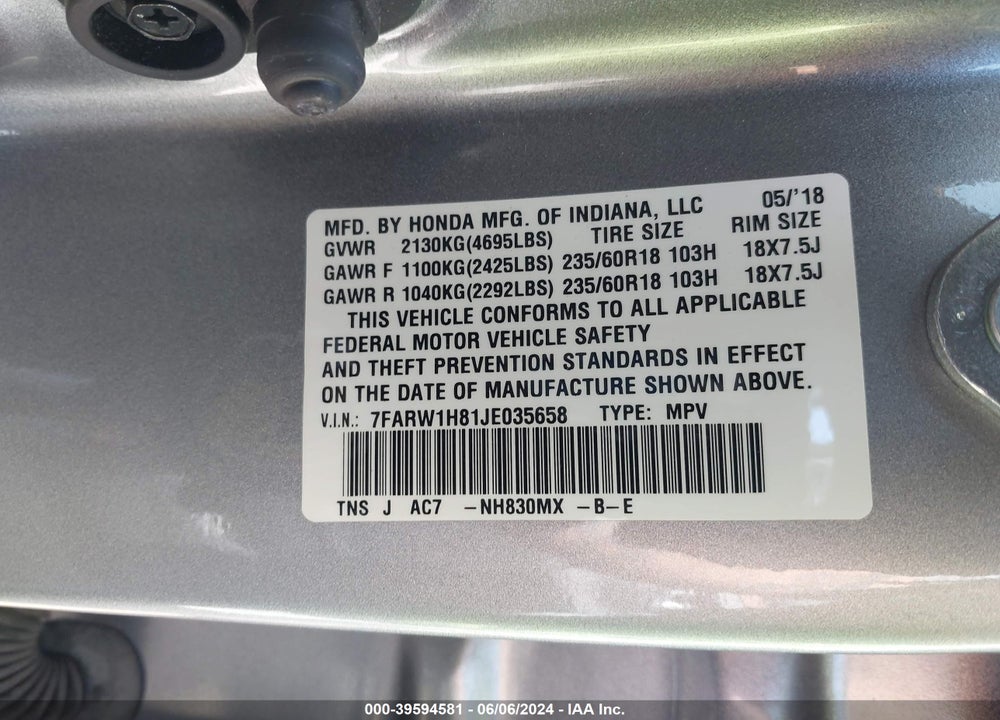 2018 HONDA CR-V EX-L/EX-L NAVI VIN: 7FARW1H81JE035658