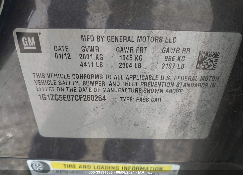 2012 CHEVROLET MALIBU 1LT VIN: 1G1ZC5E07CF260264