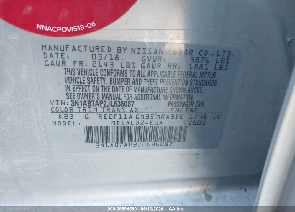 2018 NISSAN SENTRA SV VIN: 3N1AB7AP2JL636087