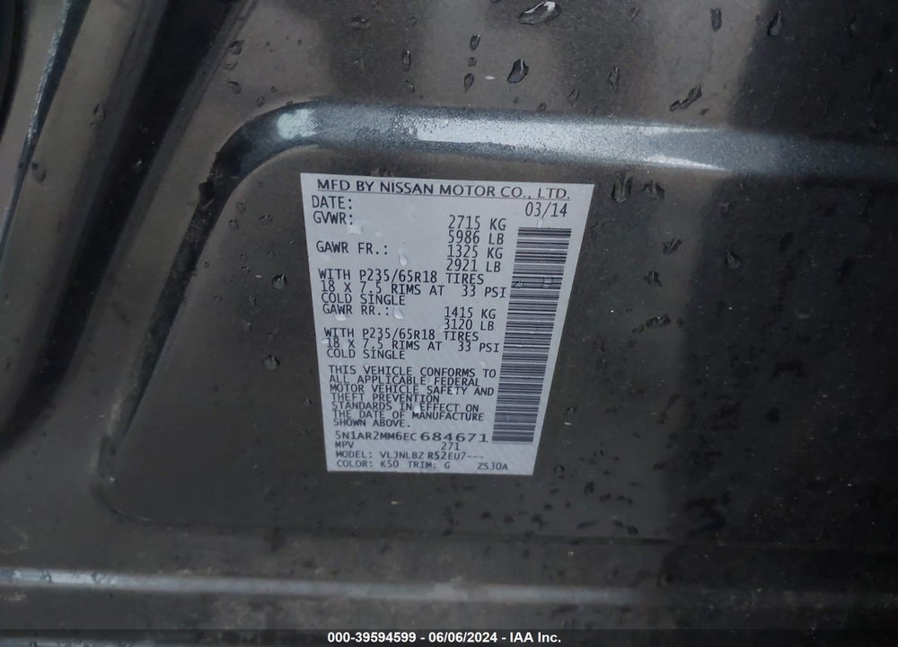 2014 NISSAN PATHFINDER S VIN: 5N1AR2MM6EC684671