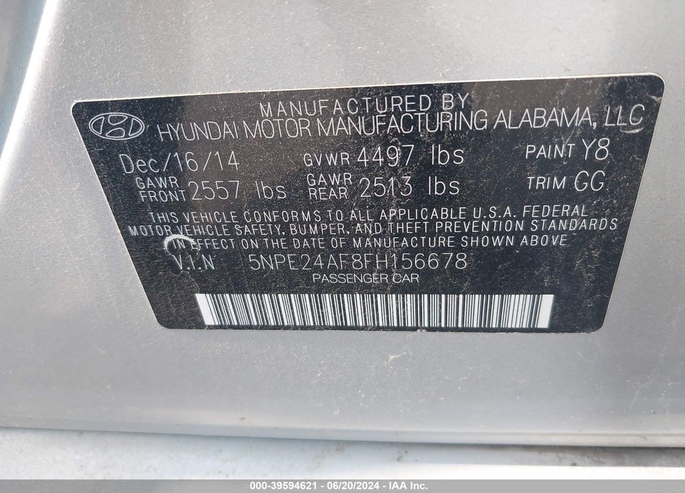 2015 HYUNDAI SONATA SE VIN: 5NPE24AF8FH156678