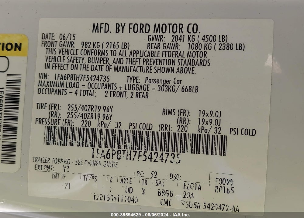 2015 FORD MUSTANG ECOBOOST VIN: 1FA6P8TH7F5424735