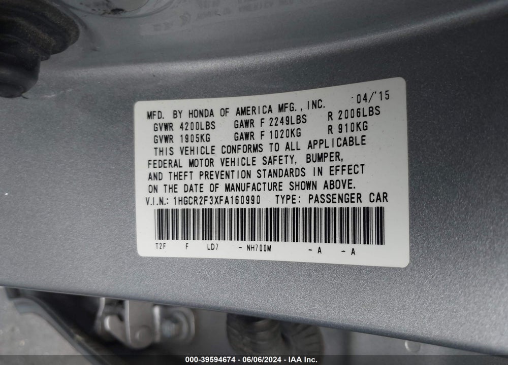 2015 HONDA ACCORD LX VIN: 1HGCR2F3XFA160990