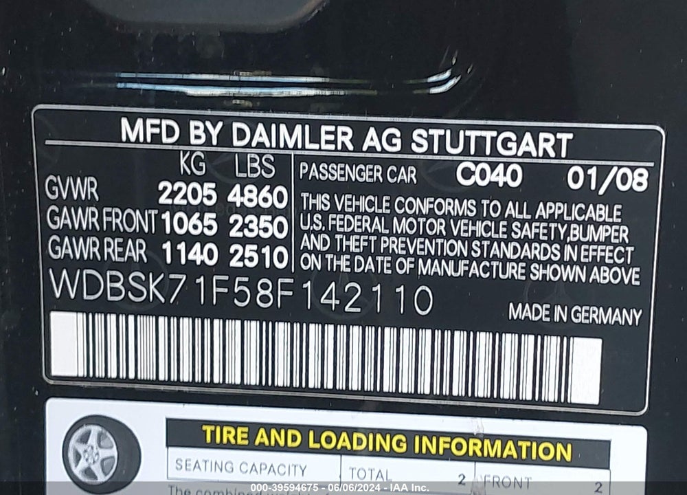 2008 MERCEDES-BENZ SL 550 VIN: WDBSK71F58F142110
