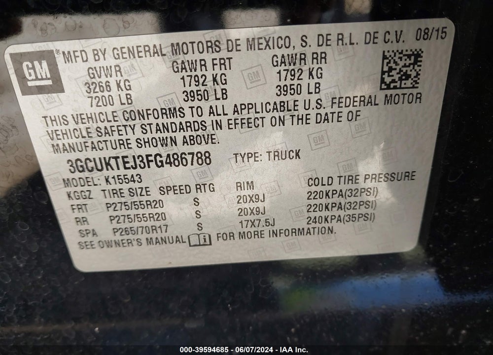 2015 CHEVROLET SILVERADO 1500 HIGH COUNTRY VIN: 3GCUKTEJ3FG486788