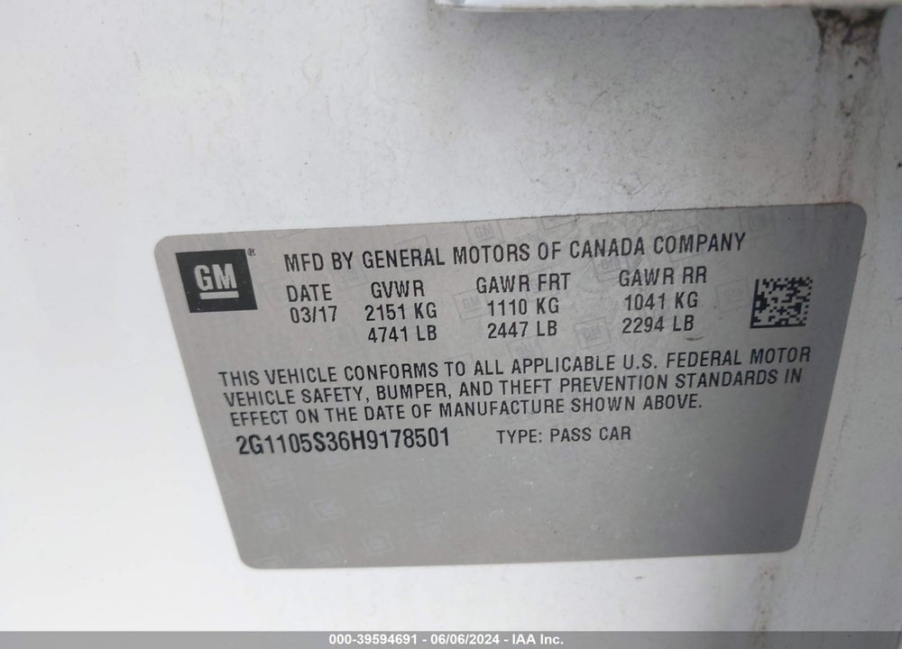 2017 CHEVROLET IMPALA 1LT VIN: 2G1105S36H9178501