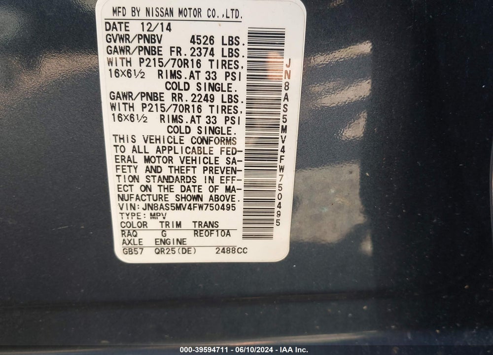2015 NISSAN ROGUE SELECT S VIN: JN8AS5MV4FW750495