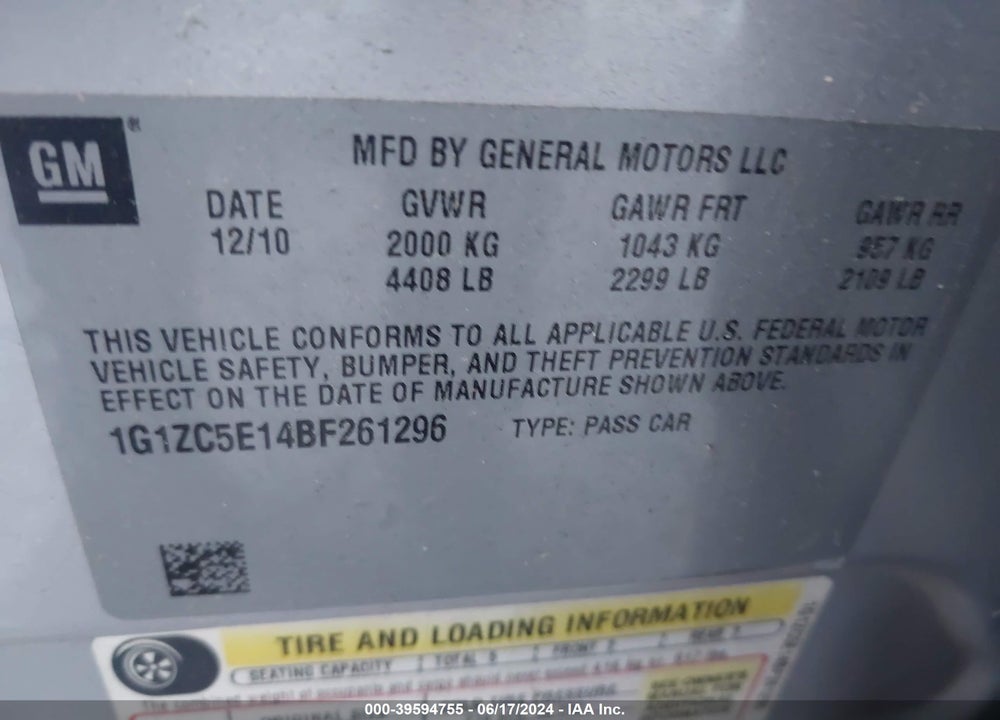 2011 CHEVROLET MALIBU 1LT VIN: 1G1ZC5E14BF261296