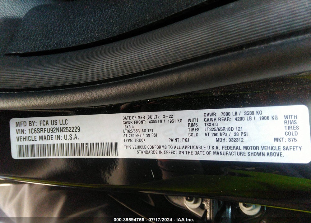 2022 RAM 1500 TRX 4X4 5'7 BOX VIN: 1C6SRFU92NN252229