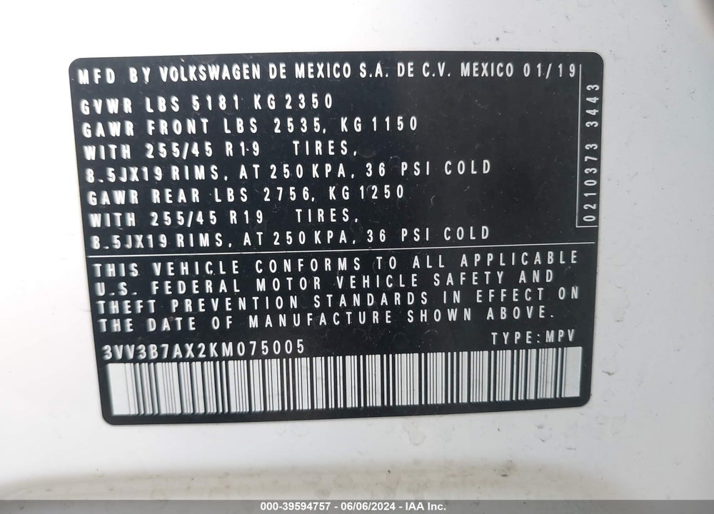 2019 VOLKSWAGEN TIGUAN 2.0T SE/2.0T SEL/2.0T SEL R-LINE/2.0T SEL R-LINE BLACK VIN: 3VV3B7AX2KM075005