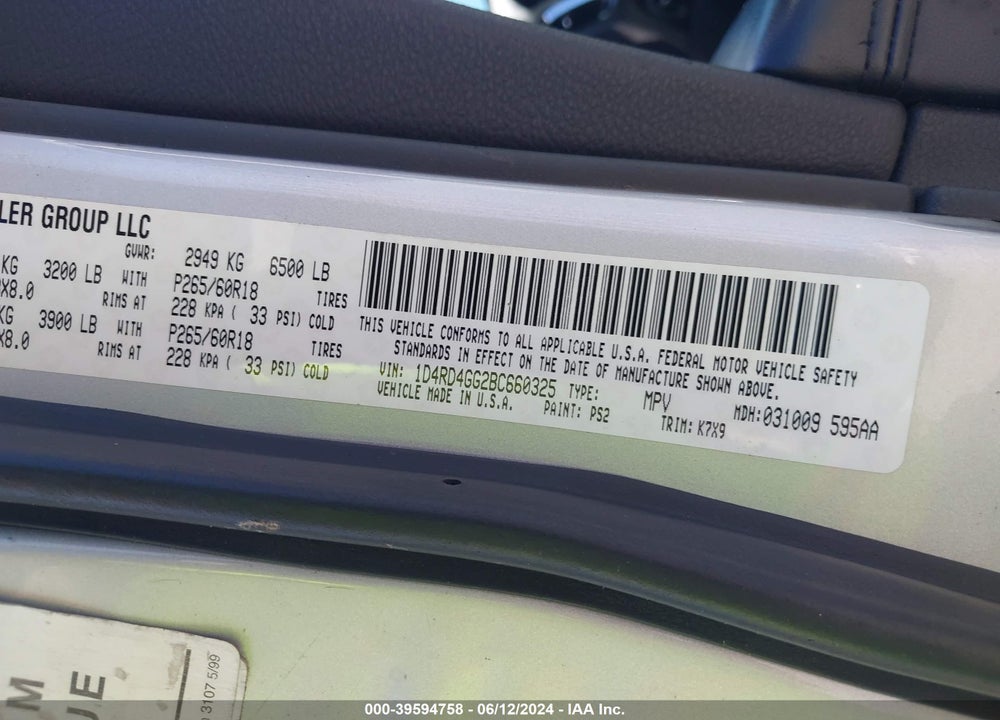 2011 DODGE DURANGO CREW VIN: 1D4RD4GG2BC660325