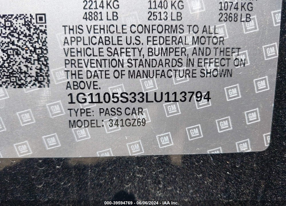 2020 CHEVROLET IMPALA FWD PREMIER VIN: 1G1105S33LU113794