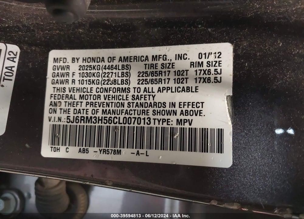 2012 HONDA CR-V EX VIN: 5J6RM3H56CL007013