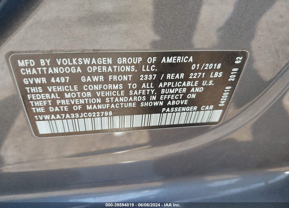 2018 VOLKSWAGEN PASSAT 2.0T R-LINE/2.0T S VIN: 1VWAA7A33JC022798