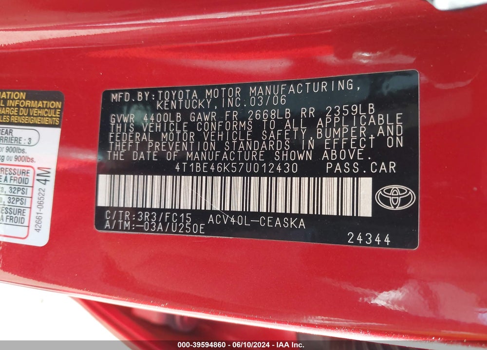 2007 TOYOTA CAMRY SE VIN: 4T1BE46K57U012430