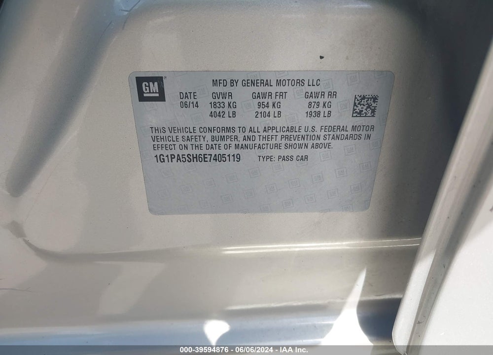 2014 CHEVROLET CRUZE LS AUTO VIN: 1G1PA5SH6E7405119