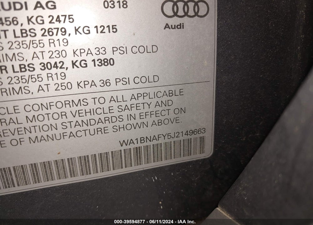 2018 AUDI Q5 2.0T PREMIUM/2.0T TECH PREMIUM VIN: WA1BNAFY5J2149663