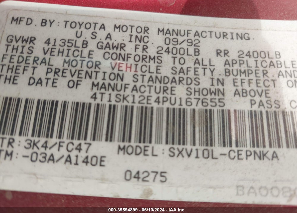 1993 TOYOTA CAMRY LE VIN: 4T1SK12E4PU167655