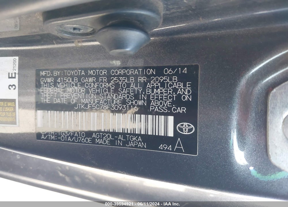 2015 SCION TC VIN: JTKJF5C78F3093116